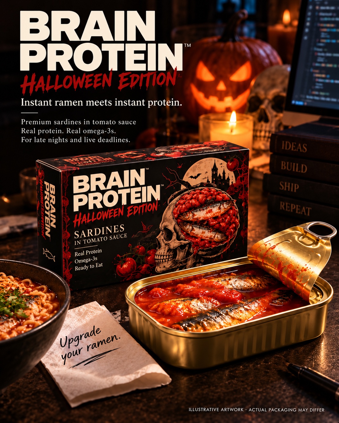 Illustrative Halloween campaign artwork with mockup sardine packaging.
